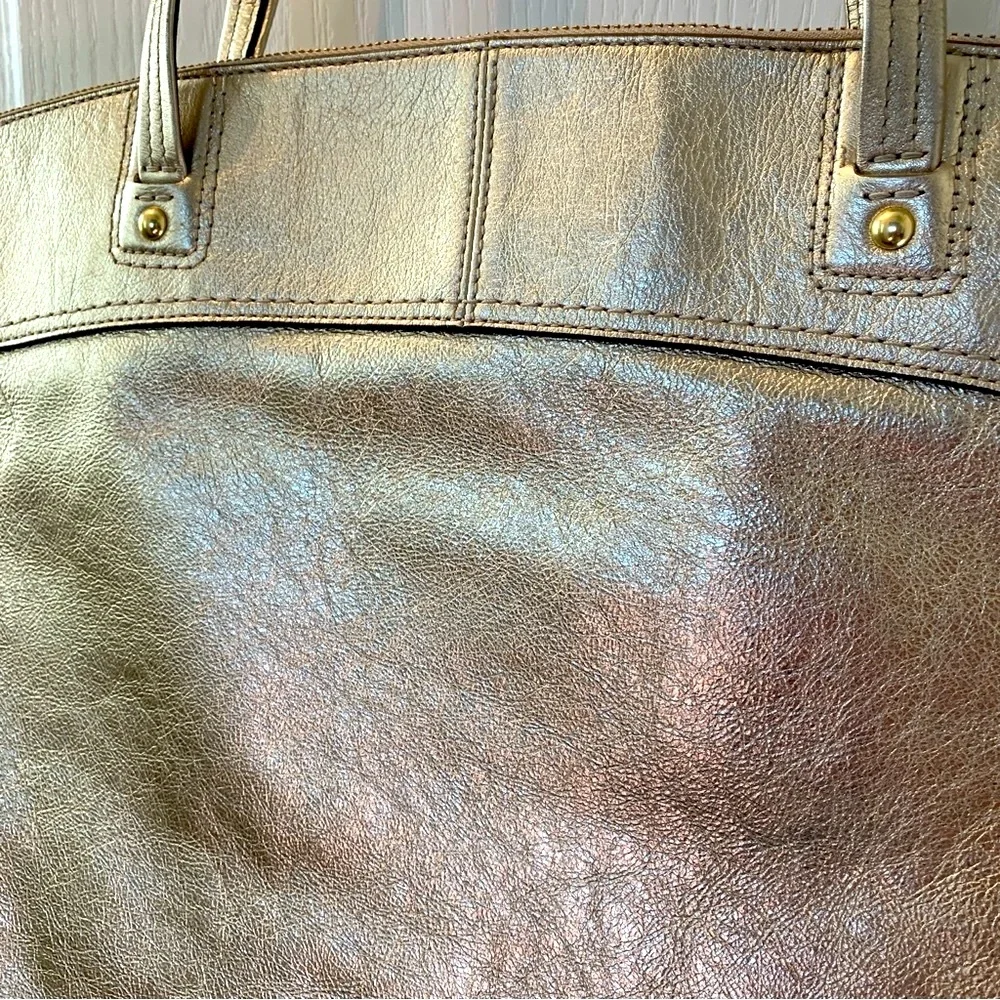 COACH Laura Leather Signature Print Tote Shoulder Bag Metallic Gold - Picture 8 of 16